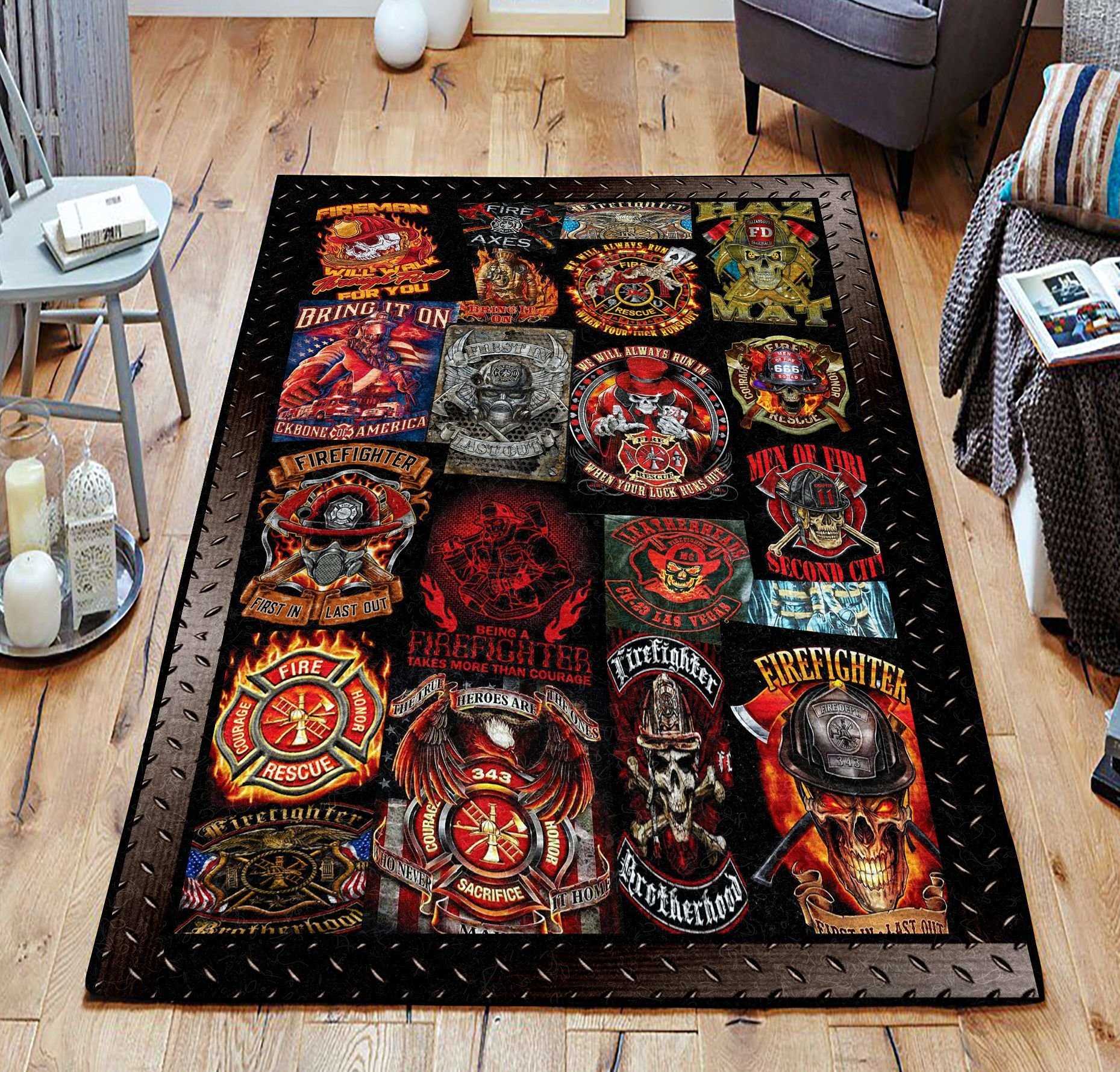 Firefighter Pattern Rugs, Firefighter Area Rug, Fireman Carpet Gifts for Dad, Son, Fireman, Firefighter Lovers