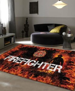 Firefighter with Fire Department Logo Rugs, Firefighter Area Rug, Fireman Carpet Gifts for Dad, Son, Fireman, Firefighter Lovers
