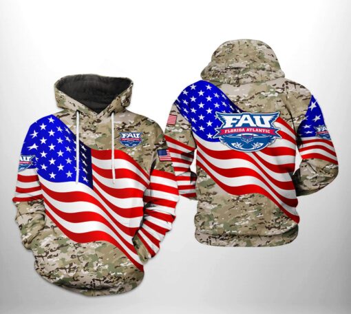 Florida Atlantic Owls Ncaa Us Flag Camo Veteran 3D All Over Print Hoodie, Zip-Up Hoodie