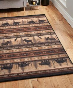 Funny Bear Washable Rugs, Rustic Bear And Moose Rug, Rustic Rug, Rustic Lodge Area Rugs, Carpet for Living Room A42