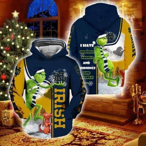 Grinch With Notre Dame Fighting Irish I Hate Morning People 3D All Over Print Zip Hoodie Gifts For Ncaa Fans For Christmas