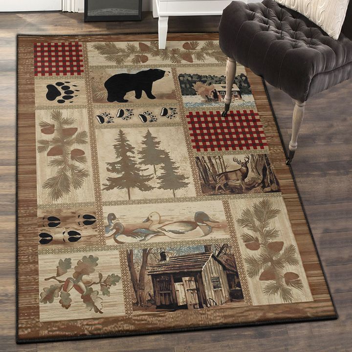 Grizzly Bear Large Area Rugs, Bear Hunting Rustic Rug, Rustic Rug, Rustic Lodge Area Rugs, Carpet for Living Room A15