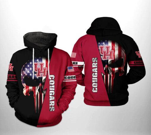 Houston Cougars Ncaa Us Flag Skull 3D All Over Print Hoodie, Zip-Up Hoodie