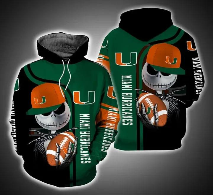 Jack Skellington Hold Ball Miami Hurricanes 3D All Over Print Zip Hoodie Gifts For Ncaa Fans