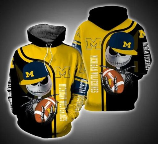 Jack Skellington Hold Ball Michigan Wolverines 3D All Over Print Zip Hoodie Gifts For Ncaa Fans