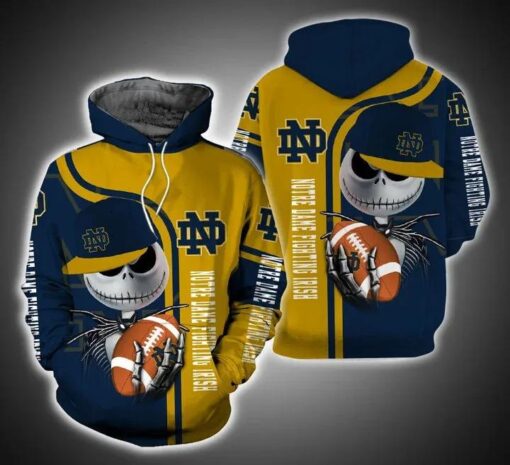 Jack Skellington Hold Ball Notre Dame Fighting Irish 3D All Over Print Zip Hoodie Gifts For Ncaa Fans
