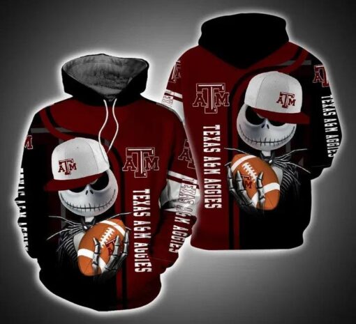 Jack Skellington Hold Ball Texas A&M Aggies 3D All Over Print Zip Hoodie Gifts For Ncaa Fans
