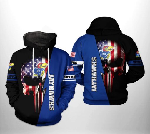 Kansas Jayhawks Ncaa Us Flag Skull 3D All Over Print Hoodie, Zip-Up Hoodie