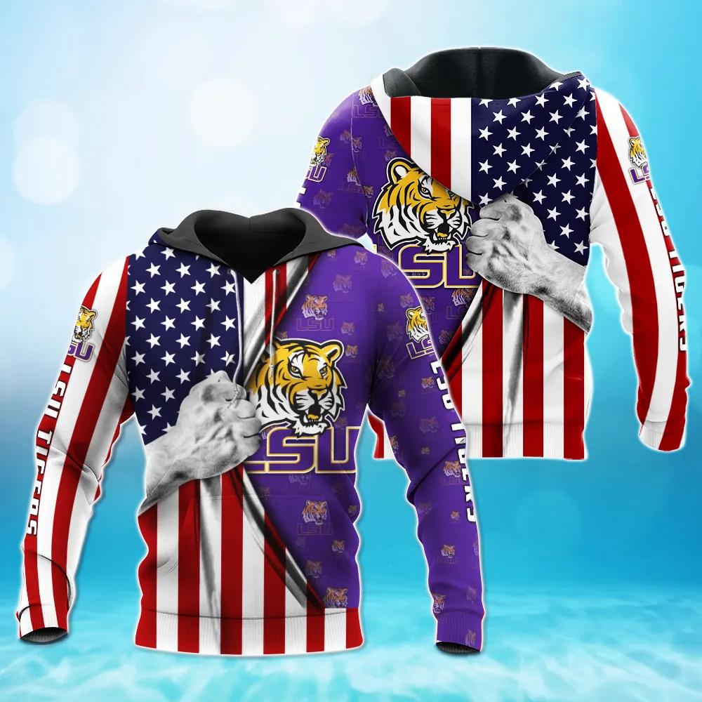 Lsu Tigers With Flag American My Heart 3D All Over Print Zip Hoodie Gifts For Ncaa Fans