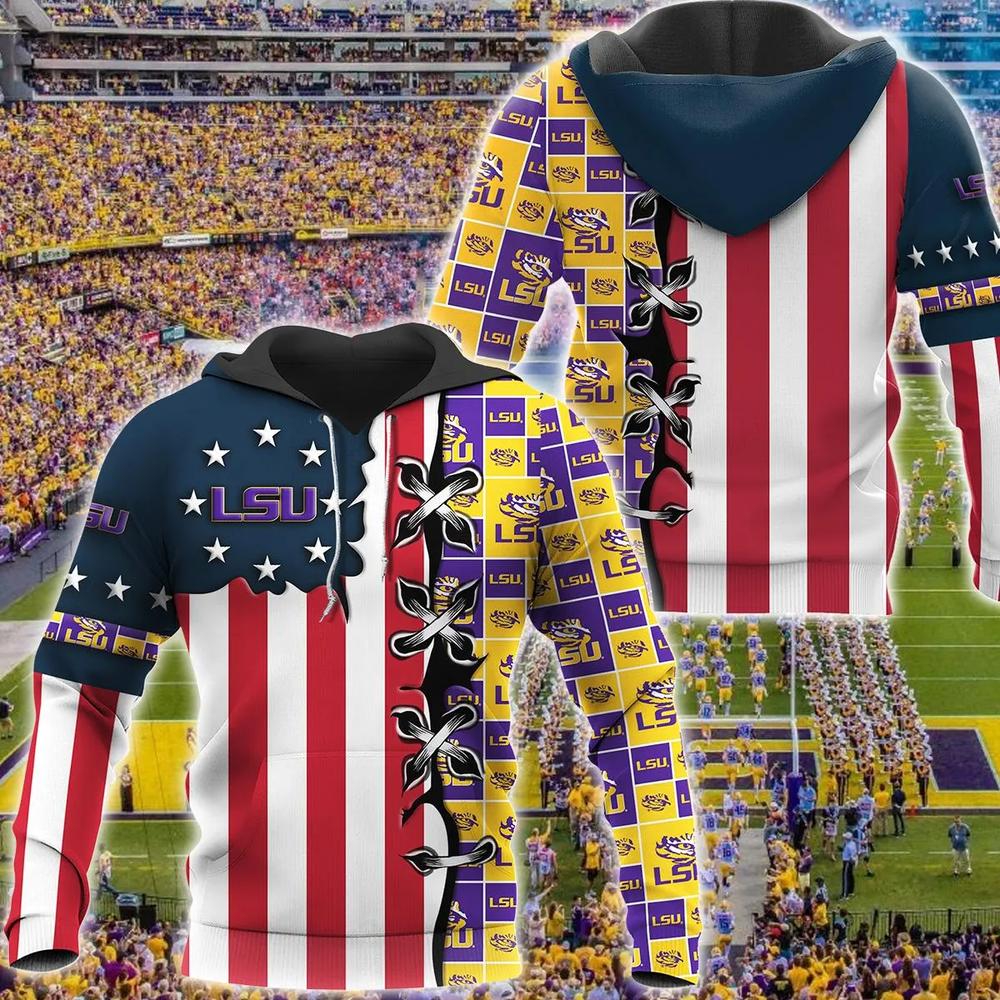 Lsu Tigers And Flag American 3D All Over Print Zip Hoodie Gifts For Ncaa Fans