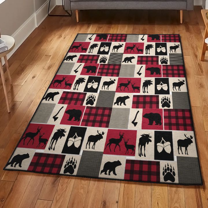 Moose Bedroom Rugs, Rustic Moose And Bear Rug, Rustic Rug, Rustic Lodge Area Rugs, Carpet for Living Room A36