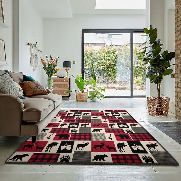 Moose Bedroom Rugs, Rustic Moose And Bear Rug, Rustic Rug, Rustic Lodge Area Rugs, Carpet for Living Room A36
