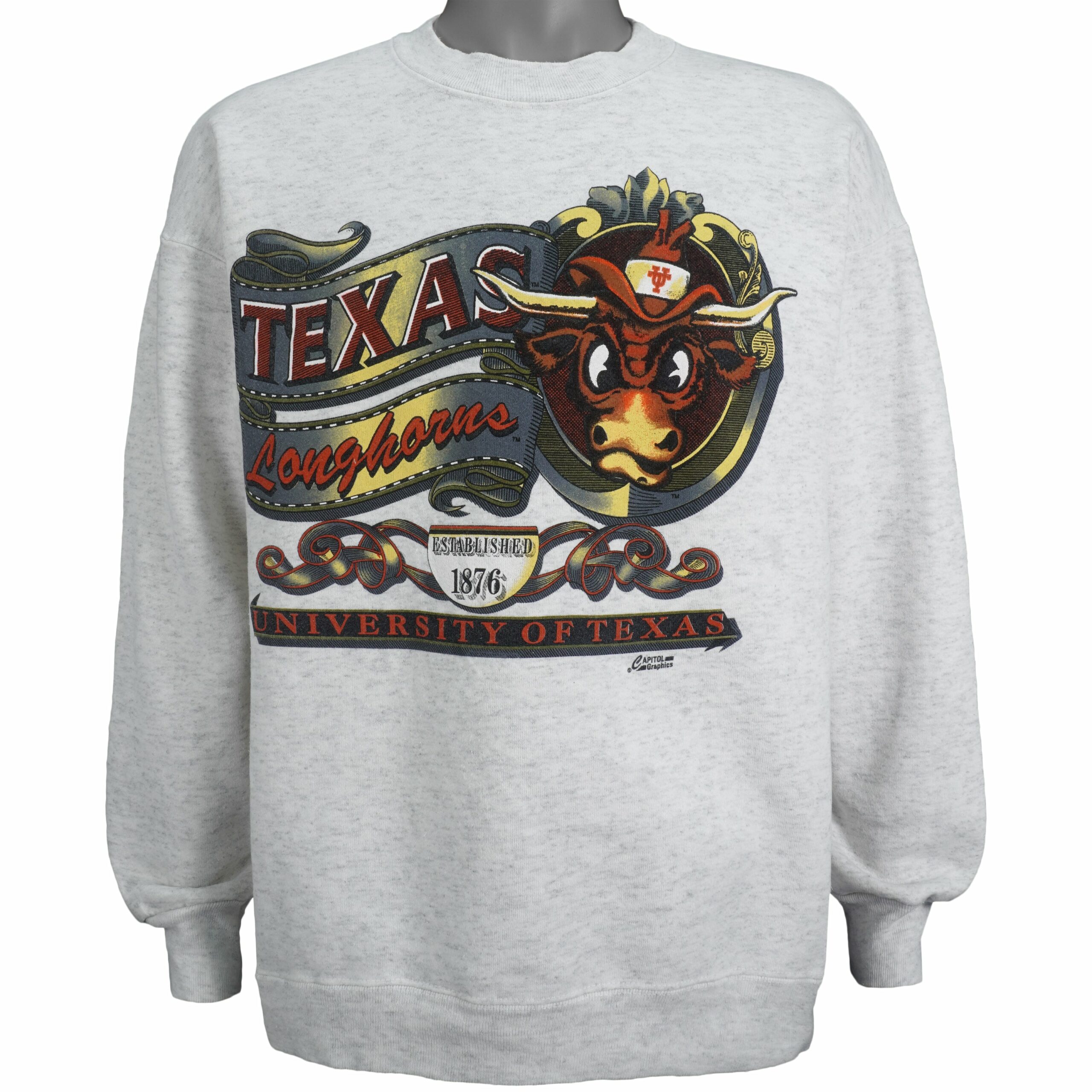 NCAA Texas Longhorns Crew Neck Sweatshirt 1990s Vintage Style Hoodie Shirt Reprinted Full Size Gifts for Fans