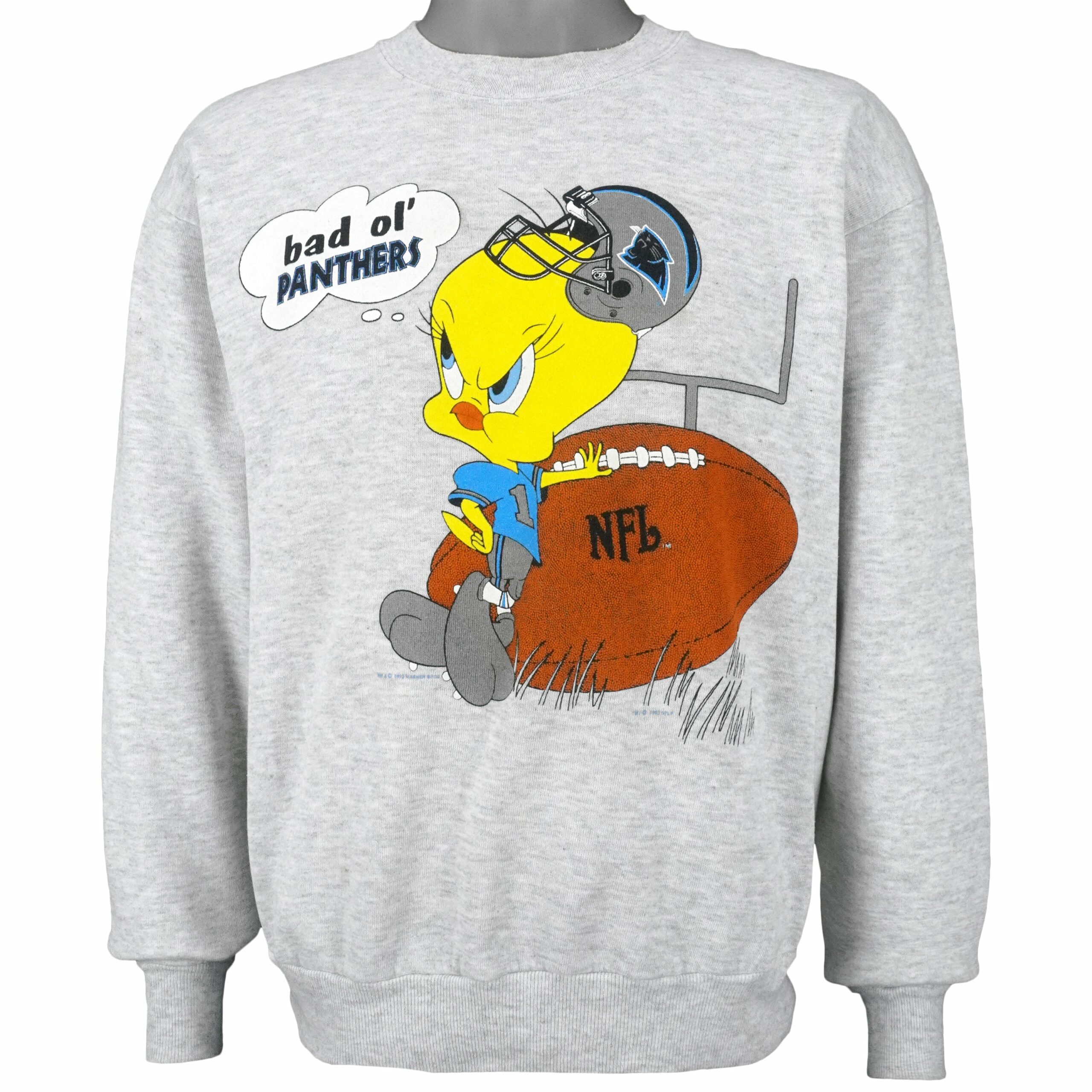 NFL Carolina Panthers x Tweety Crew Neck Sweatshirt 1993 Vintage Style Hoodie Shirt Reprinted Full Size Gifts for Fans