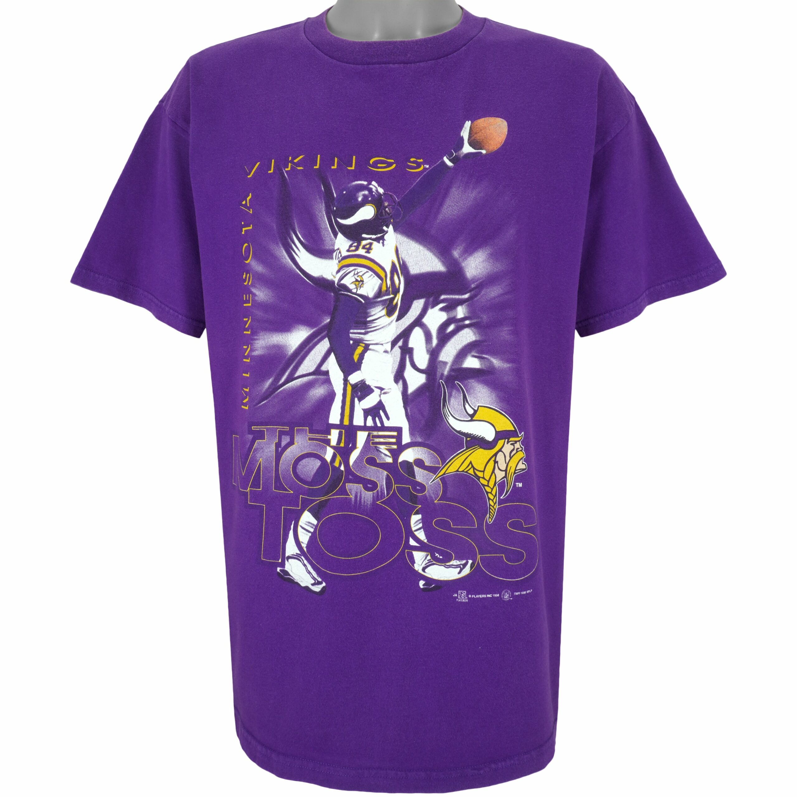 NFL Vikings, The Moss Toss T-Shirt 1998 Vintage Style Hoodie Sweatshirt Reprinted Full Size Gifts for Fans