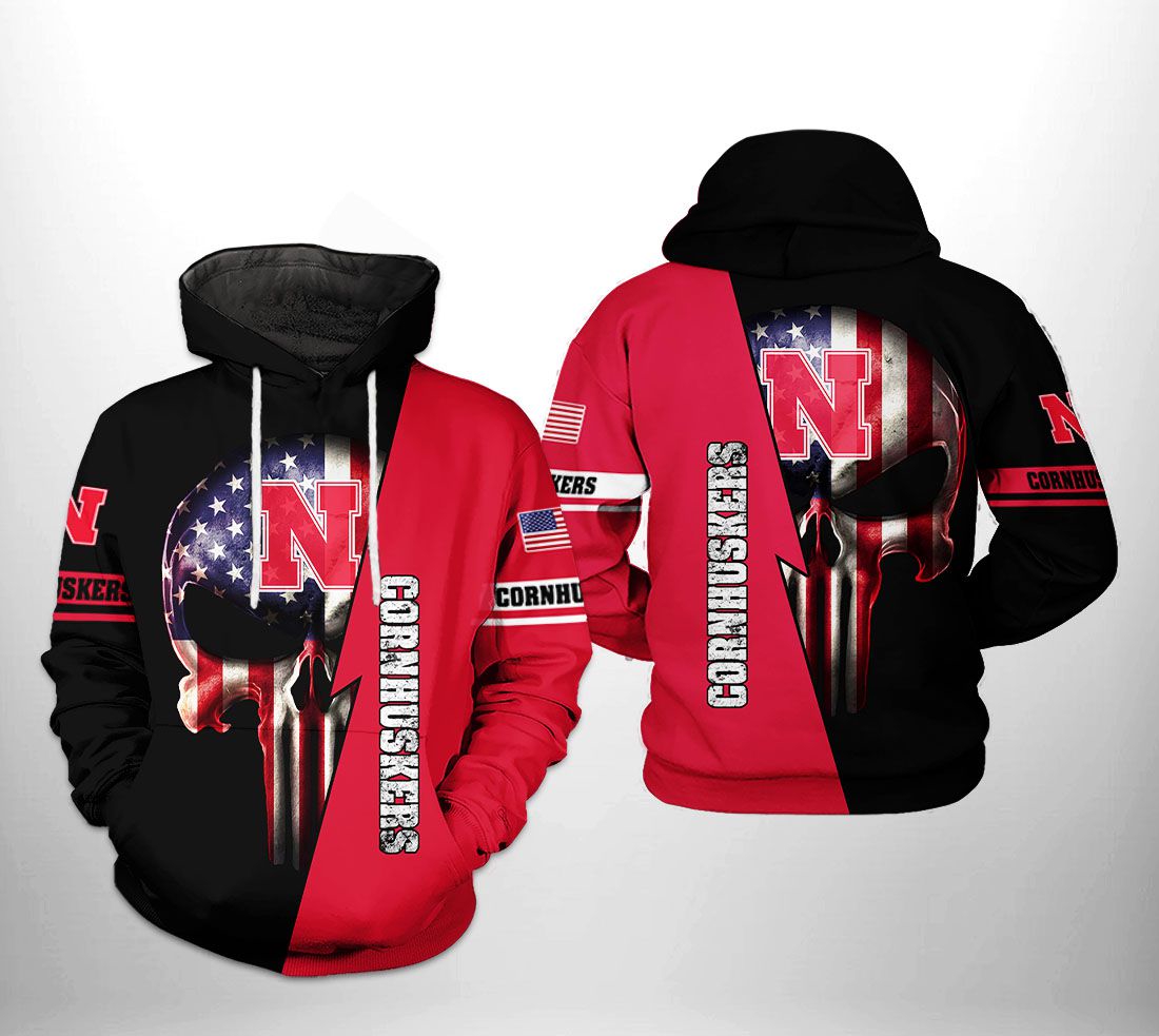 Nebraska Cornhuskers Ncaa Us Flag Skull 3D All Over Print Hoodie, Zip-Up Hoodie