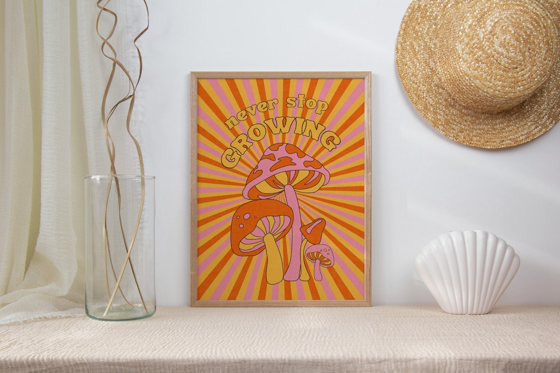Never Stop Glowing Mushroom Motivational Quote Aesthetic Vintage 70s ...