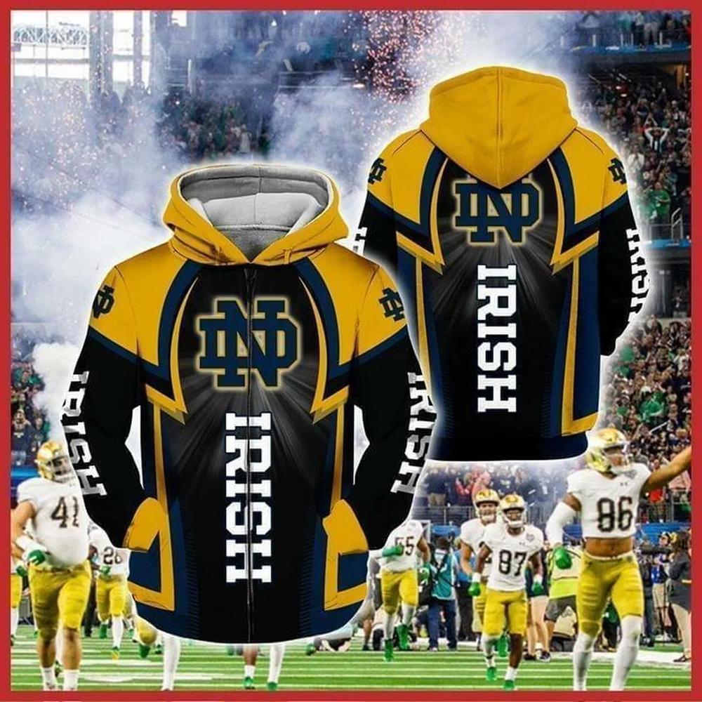 Notre Dame Fighting Irish Armor Logo 3D All Over Print Zip Hoodie Gifts For Ncaa Fans
