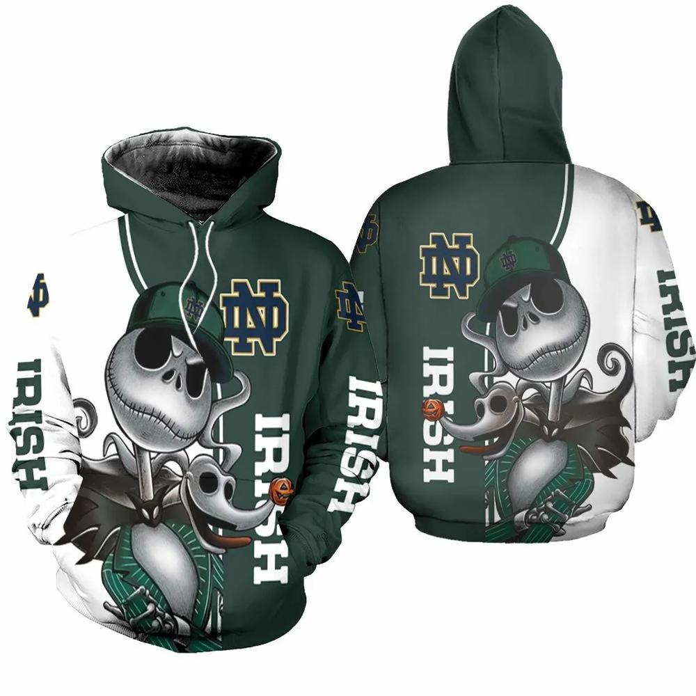 Notre Dame Fighting Irish Jack Skellington And Zero 3D All Over Print Zip Hoodie Gifts For Ncaa Fans