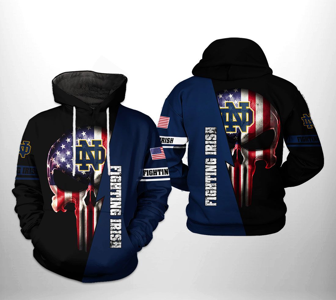 Notre Dame Fighting Irish Ncaa Us Flag Skull 3D All Over Print Hoodie, Zip-Up Hoodie