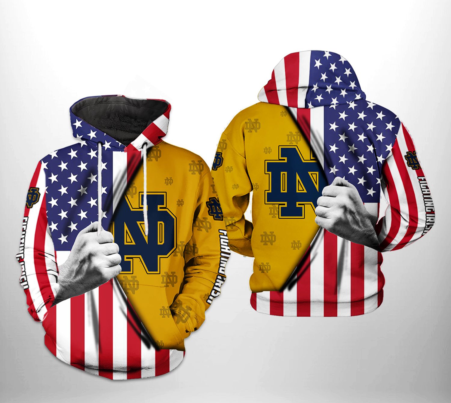 Notre Dame Fighting Irish Us Flag 3D All Over Print Zip Hoodie Gifts For Ncaa Fans