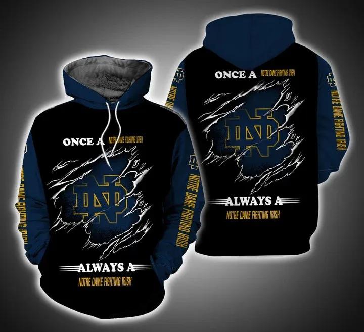 Once A Notre Dame Fighting Irish 3D All Over Print Zip Hoodie Gifts For Ncaa Fans