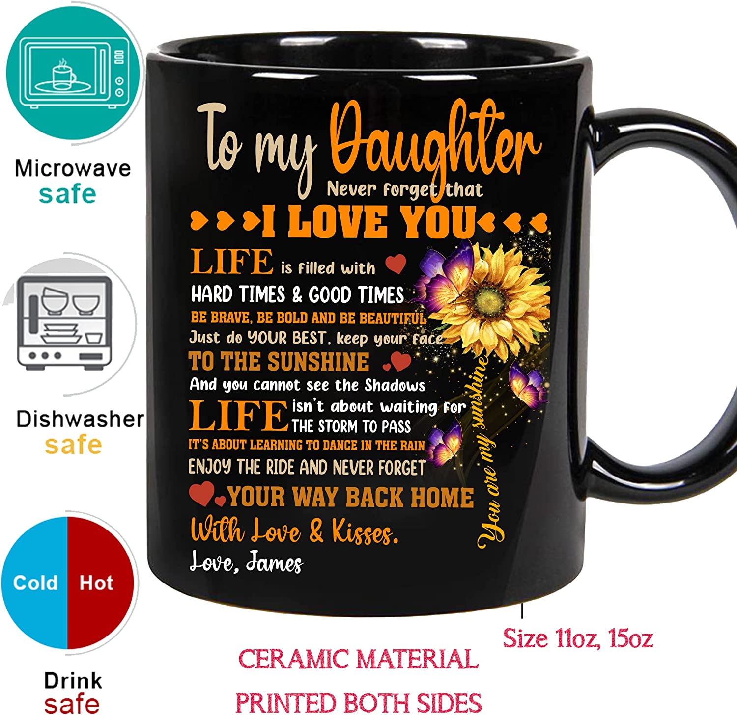 Personalize Sunflower To My Daughter Never Forget That I Love You Mug - You Are My Sunshine, Christmas Presents From Mom, Wedding, Graduation, Valentines, Mothers, Birthday Coffee Cup