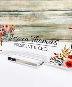 Personalized Acrylic Desk Name Plate For Office Sign Modern Office Women Decor Home Desk Name Plate Teacher Desk Name Sign Holder Red Flower