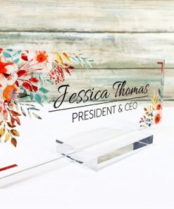 Personalized Acrylic Desk Name Plate For Office Sign Modern Office Women Decor Home Desk Name Plate Teacher Desk Name Sign Holder Red Flower