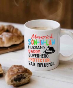 Personalized Awesome Son In Law White Coffee Mug Gift, Son In Law Husband Daddy Protector Bad Influence Travel Ceramic Cup 11 Oz 15 Oz, Customized Choose Son In Law's Name Coffee Mug For Birthday
