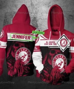 Personalized Custom Name Alabama Crimson Tide Skull Ncaa 3D All Over Print Hoodie, Zip-Up Hoodie