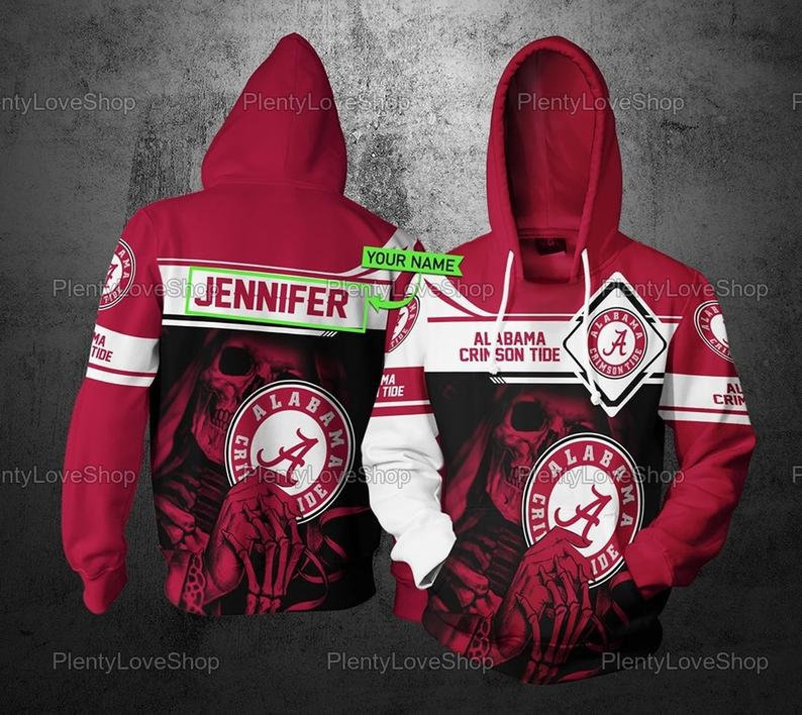 Personalized Custom Name Alabama Crimson Tide Skull Ncaa 3D All Over Print Hoodie, Zip-Up Hoodie