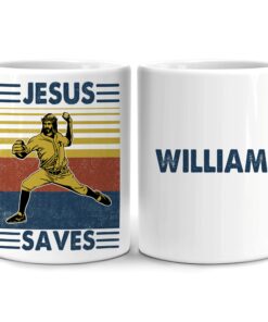 Personalized Gifts For Baseball Lover Player Fan - Birthday Christmas - Baseball Jesus Saves Vintage Custom Name 11Oz White Ceramic Coffee Tea Mug For Him Teen Men Boy Husband Dad