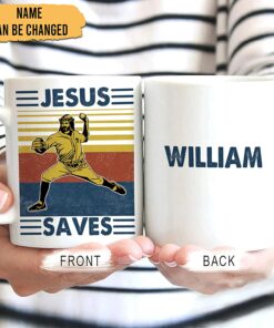 Personalized Gifts For Baseball Lover Player Fan - Birthday Christmas - Baseball Jesus Saves Vintage Custom Name 11Oz White Ceramic Coffee Tea Mug For Him Teen Men Boy Husband Dad
