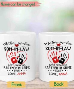 Personalized Son In Law Ceramic Coffee Mug, Mother In Law And Son In Law Best Freaking Partner In Crime Ever White Travel Cup 11 Oz 15 Oz, Custom Name Son In Law Mug Gifts For Birthday Christmas