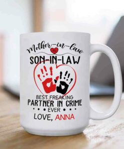Personalized Son In Law Ceramic Coffee Mug, Mother In Law And Son In Law Best Freaking Partner In Crime Ever White Travel Cup 11 Oz 15 Oz, Custom Name Son In Law Mug Gifts For Birthday Christmas