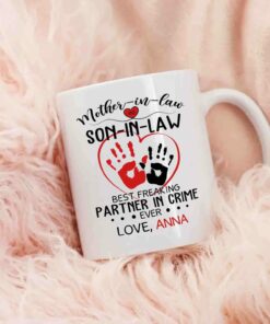 Personalized Son In Law Ceramic Coffee Mug, Mother In Law And Son In Law Best Freaking Partner In Crime Ever White Travel Cup 11 Oz 15 Oz, Custom Name Son In Law Mug Gifts For Birthday Christmas