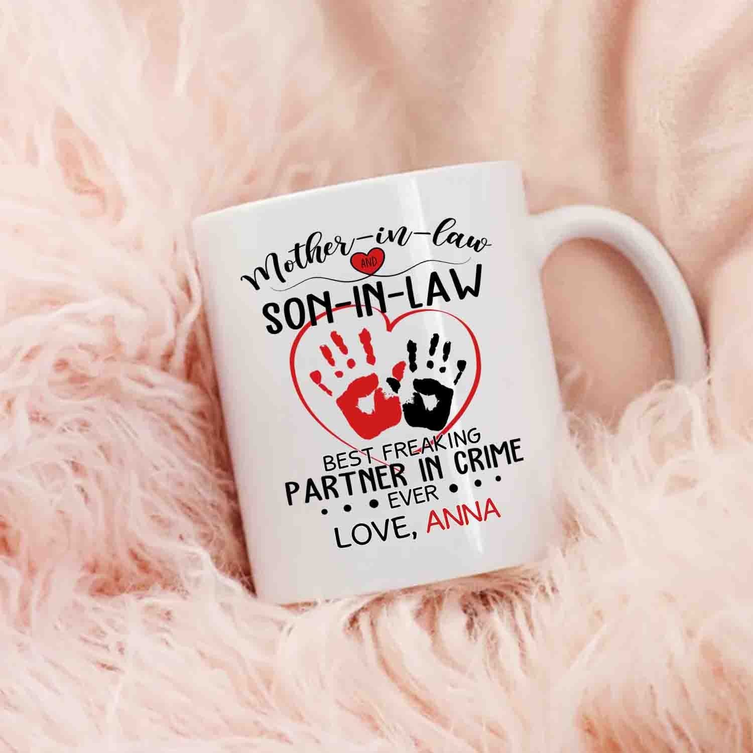 Personalized Son In Law Ceramic Coffee Mug, Mother In Law And Son In Law Best Freaking Partner In Crime Ever White Travel Cup 11 Oz 15 Oz, Custom Name Son In Law Mug Gifts For Birthday Christmas