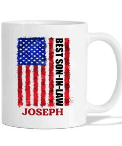 Personalized Son In Law Coffee Mug Cup Us Flag Best Son In Law White Travel Teacup, Customized Choose Name Mug Gifts For Birthday Christmas, Us Flag Best Son In Law Ceramic Coffee Cup