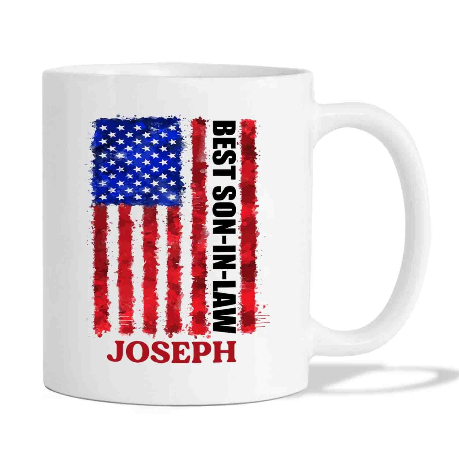 Personalized Son In Law Coffee Mug Cup Us Flag Best Son In Law White Travel Teacup, Customized Choose Name Mug Gifts For Birthday Christmas, Us Flag Best Son In Law Ceramic Coffee Cup
