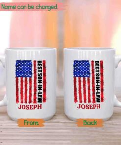 Personalized Son In Law Coffee Mug Cup Us Flag Best Son In Law White Travel Teacup, Customized Choose Name Mug Gifts For Birthday Christmas, Us Flag Best Son In Law Ceramic Coffee Cup