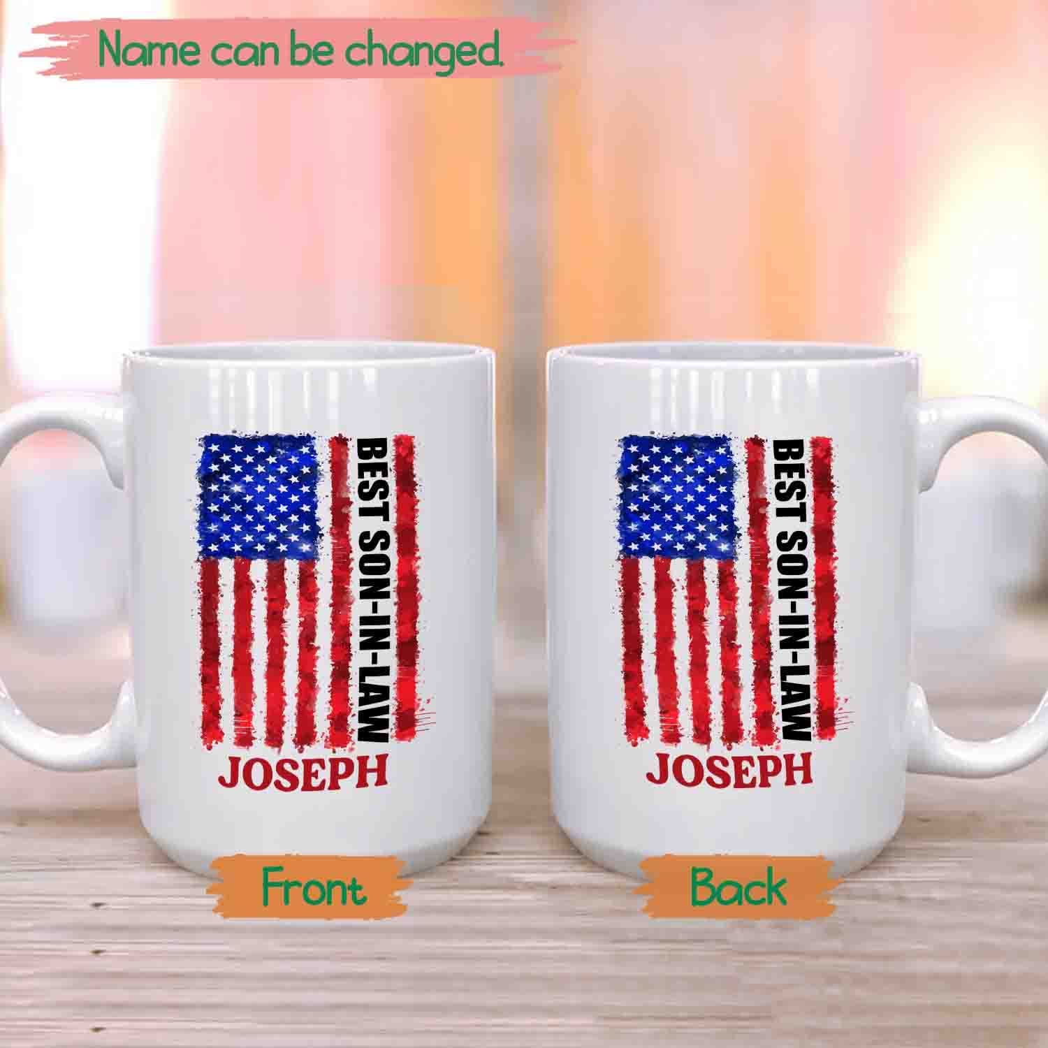 Personalized Son In Law Coffee Mug Cup Us Flag Best Son In Law White Travel Teacup, Customized Choose Name Mug Gifts For Birthday Christmas, Us Flag Best Son In Law Ceramic Coffee Cup
