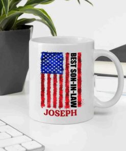 Personalized Son In Law Coffee Mug Cup Us Flag Best Son In Law White Travel Teacup, Customized Choose Name Mug Gifts For Birthday Christmas, Us Flag Best Son In Law Ceramic Coffee Cup