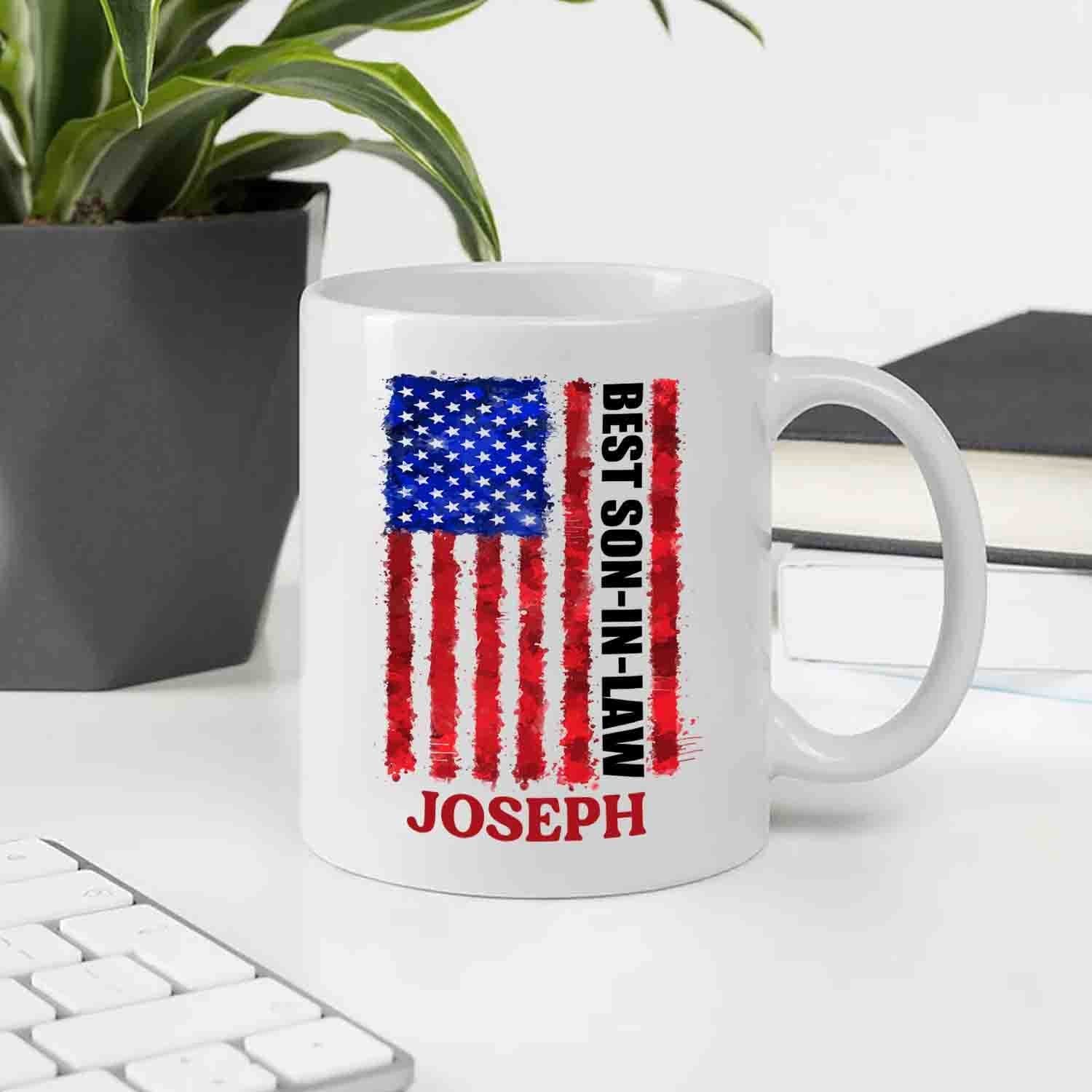Personalized Son In Law Coffee Mug Cup Us Flag Best Son In Law White Travel Teacup, Customized Choose Name Mug Gifts For Birthday Christmas, Us Flag Best Son In Law Ceramic Coffee Cup