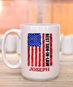 Personalized Son In Law Coffee Mug Cup Us Flag Best Son In Law White Travel Teacup, Customized Choose Name Mug Gifts For Birthday Christmas, Us Flag Best Son In Law Ceramic Coffee Cup