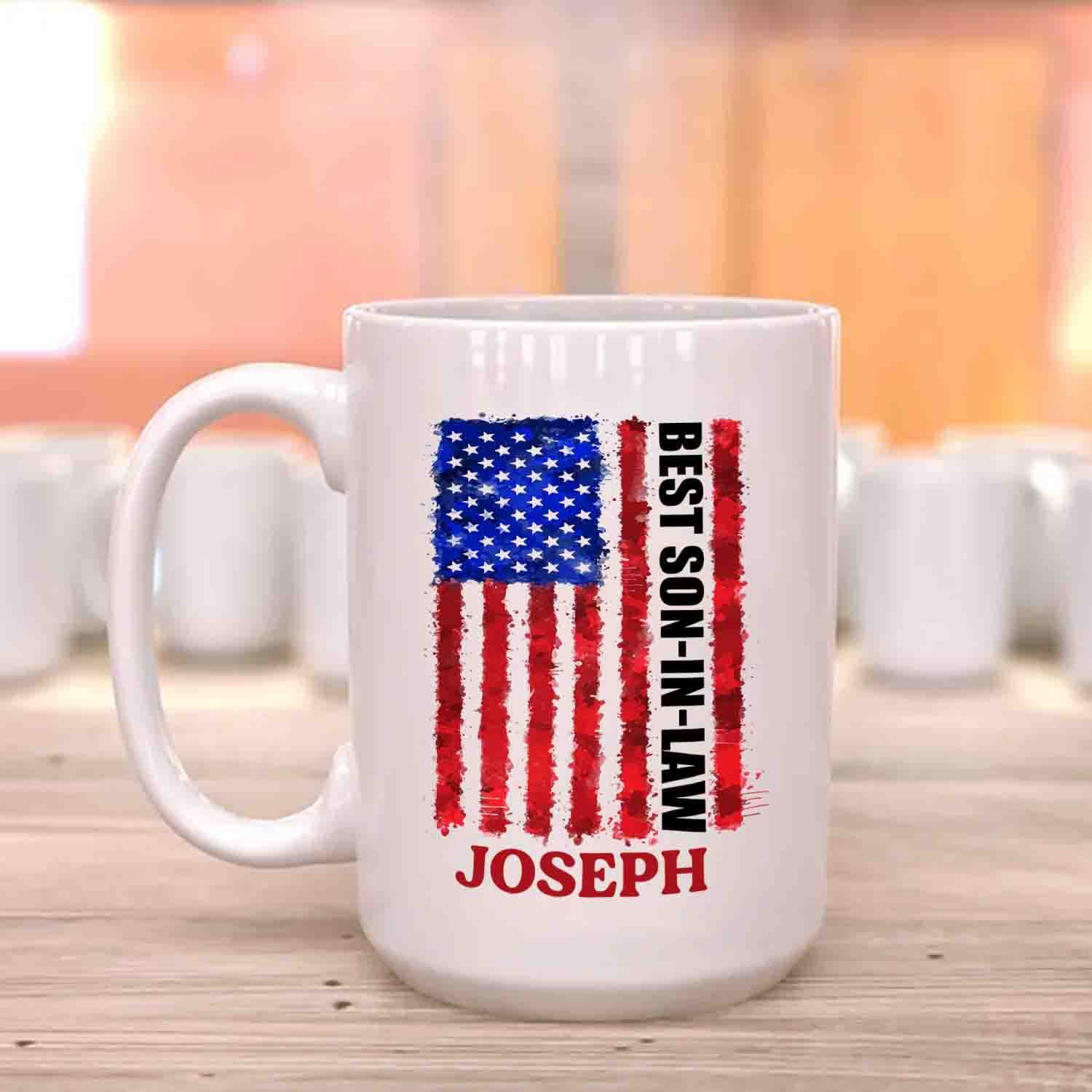 Personalized Son In Law Coffee Mug Cup Us Flag Best Son In Law White Travel Teacup, Customized Choose Name Mug Gifts For Birthday Christmas, Us Flag Best Son In Law Ceramic Coffee Cup