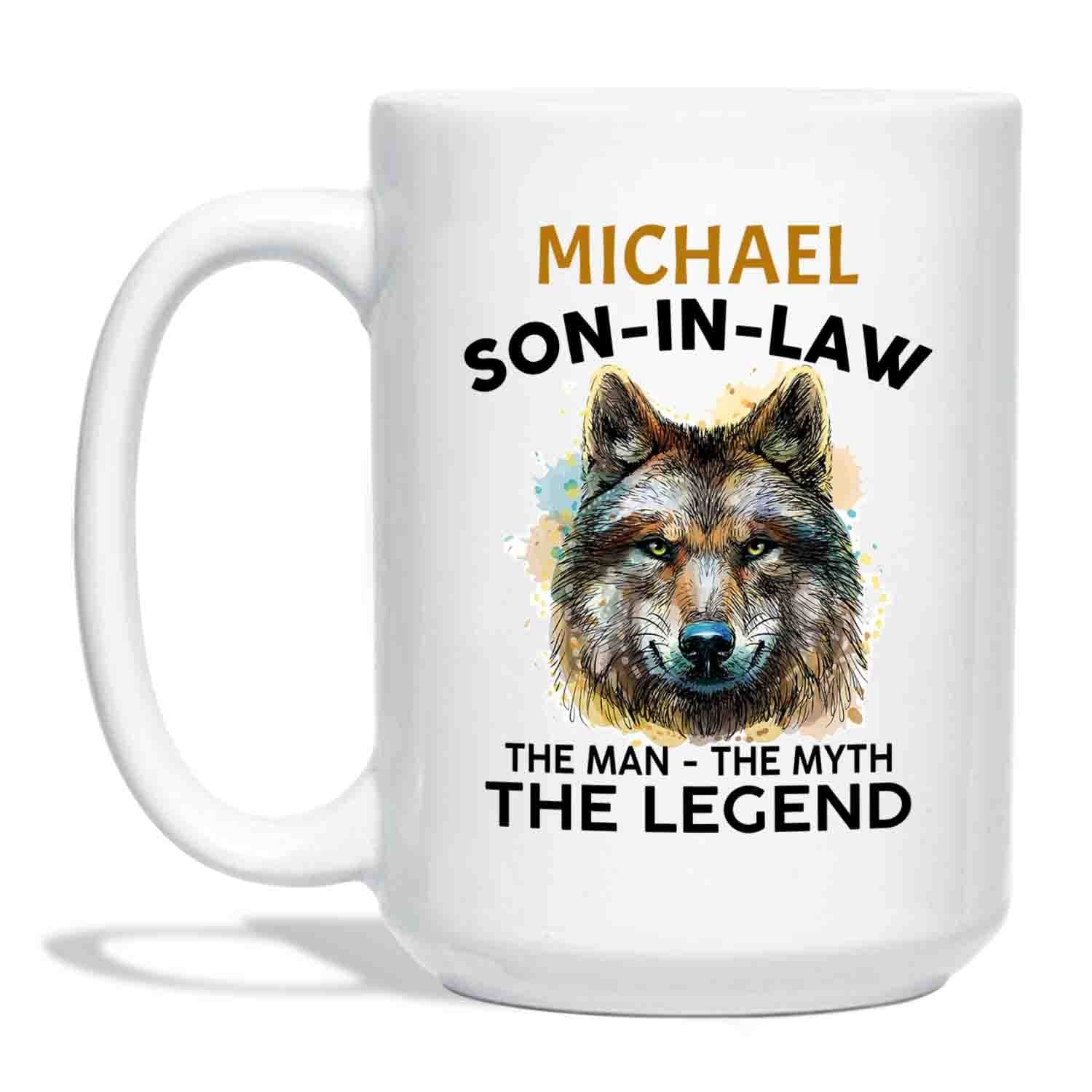 Personalized Son In Law White Ceramic Mug Cup For Men Husband, Son In Law The Man The Myth Travel Coffee Cup Gifts For Birthday Christmas Wedding, Son In Law Custom Name Mug 11 15 Oz, Son In Law Mug