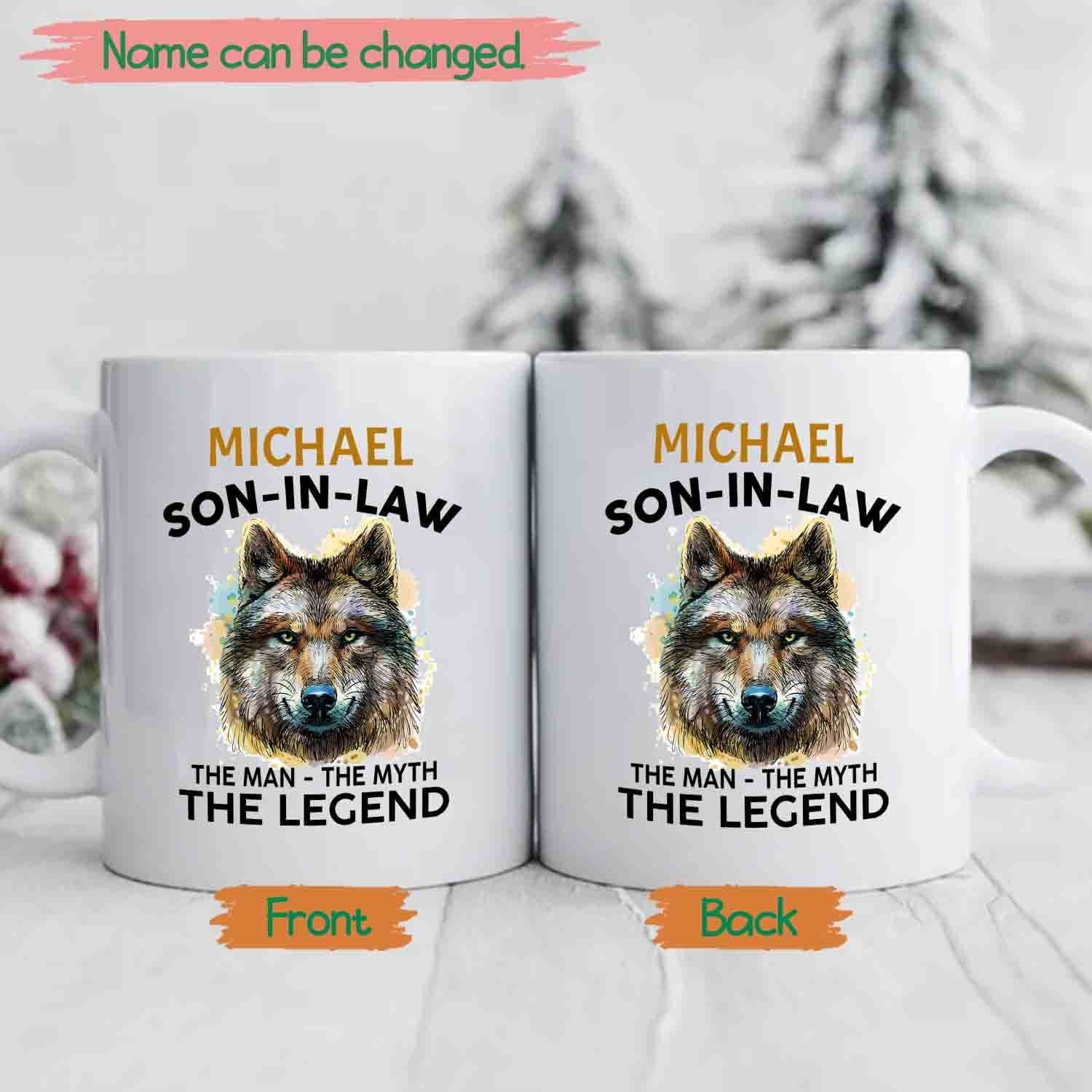 Personalized Son In Law White Ceramic Mug Cup For Men Husband, Son In Law The Man The Myth Travel Coffee Cup Gifts For Birthday Christmas Wedding, Son In Law Custom Name Mug 11 15 Oz, Son In Law Mug