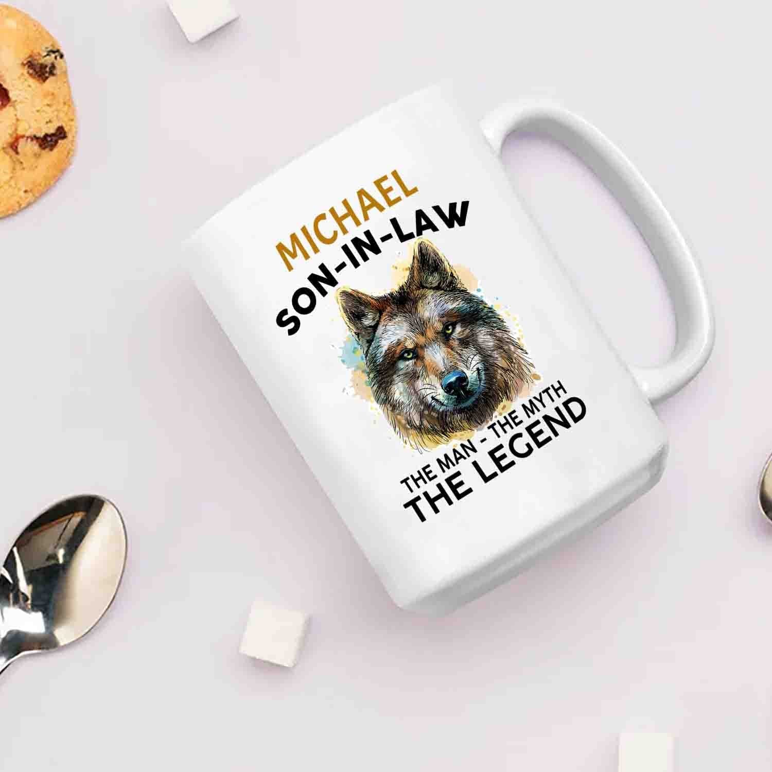 Personalized Son In Law White Ceramic Mug Cup For Men Husband, Son In Law The Man The Myth Travel Coffee Cup Gifts For Birthday Christmas Wedding, Son In Law Custom Name Mug 11 15 Oz, Son In Law Mug