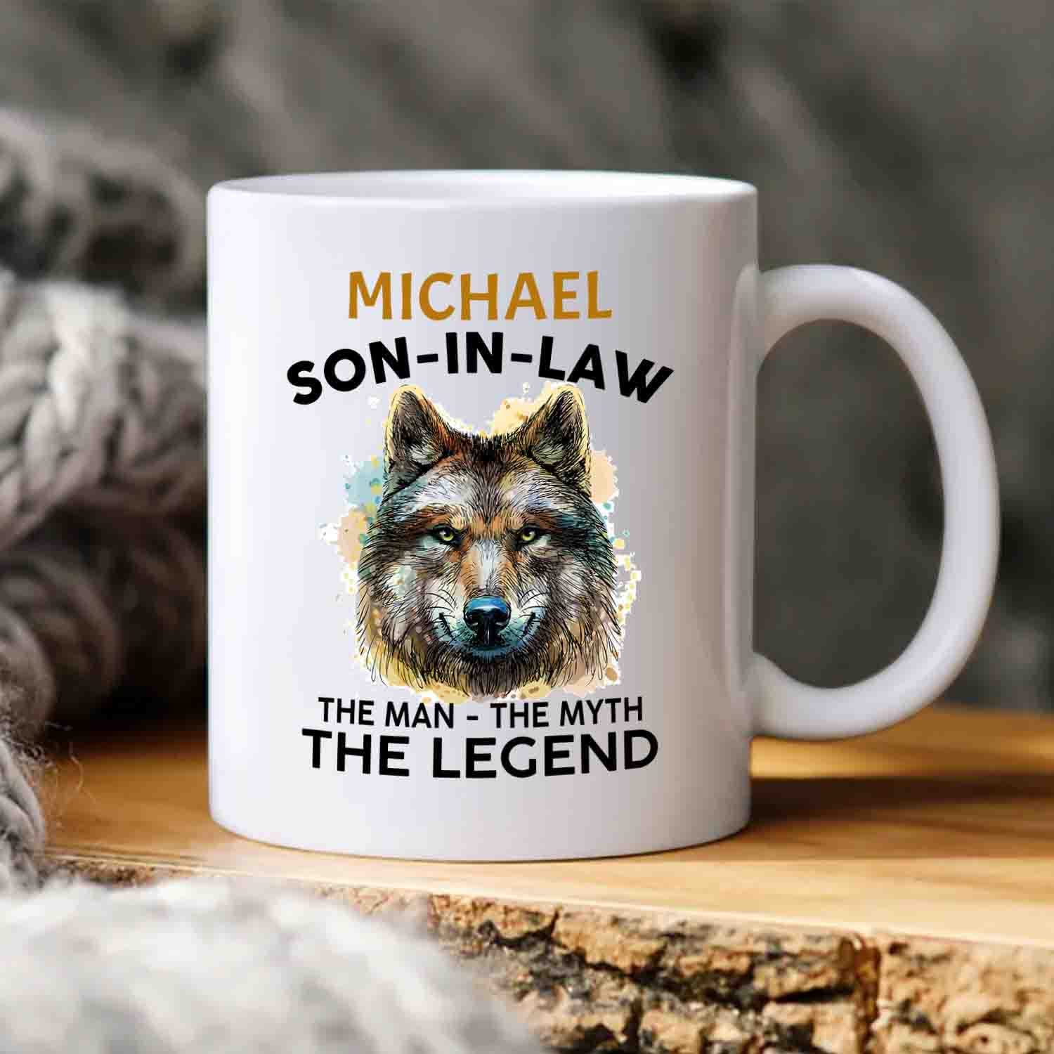 Personalized Son In Law White Ceramic Mug Cup For Men Husband, Son In Law The Man The Myth Travel Coffee Cup Gifts For Birthday Christmas Wedding, Son In Law Custom Name Mug 11 15 Oz, Son In Law Mug